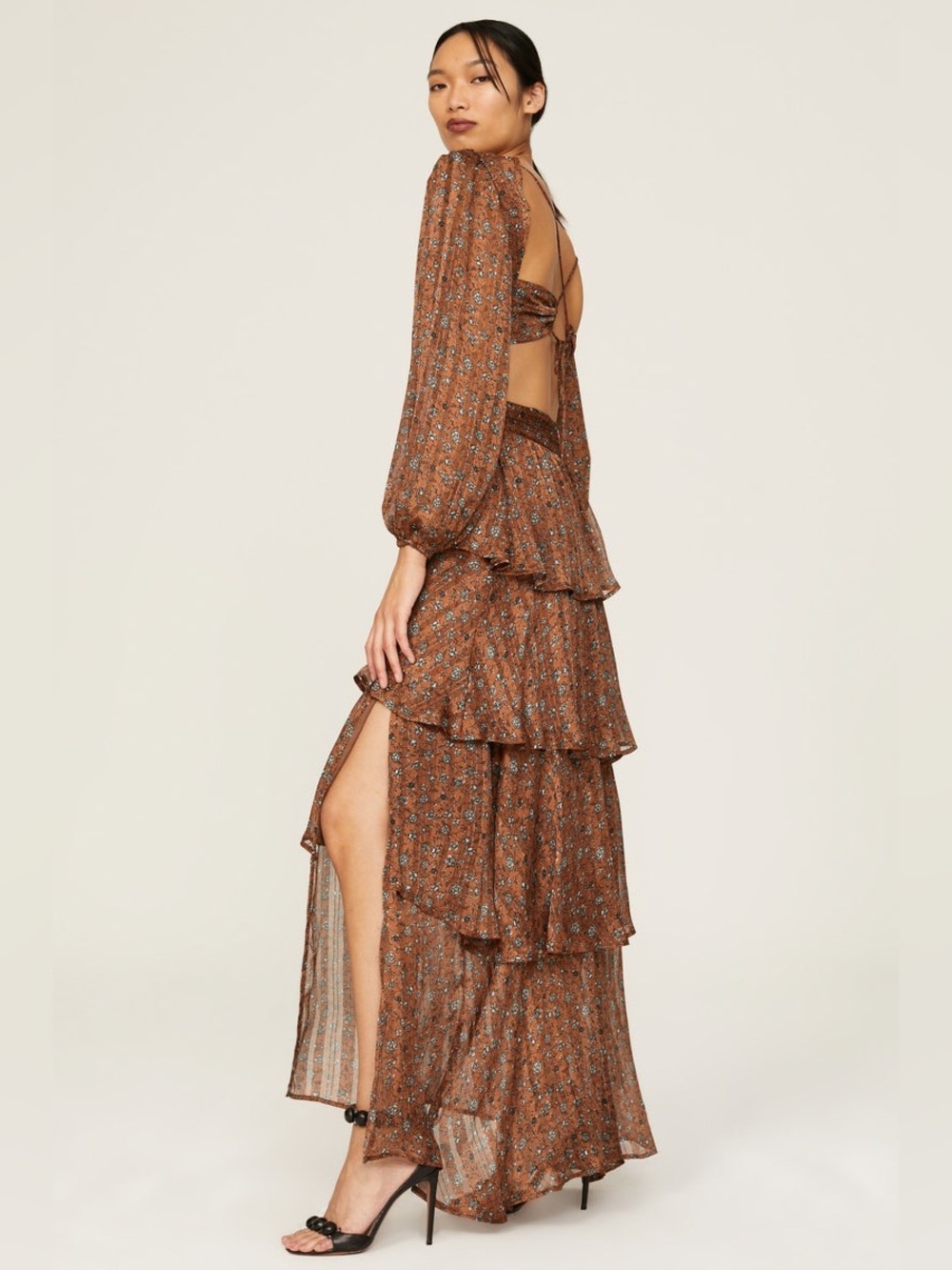 Astr Anora Brown Floral Tiered V-Neck Maxi Dress - Picture 4 of 16